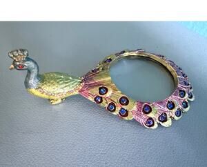 Vintage Enameled Jeweled Peacock Magnifying Glass Blue Rhinestones Desk Decor